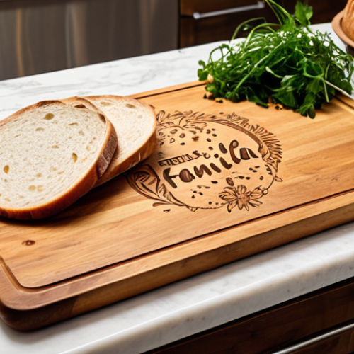 **

Prompt: "A rustic wooden cutting board, laser engraved with 'Familia Feliz' and a delicate floral design, displayed on a kitchen counter with fresh herbs and artisanal bread. Warm, inviting lighting."

**